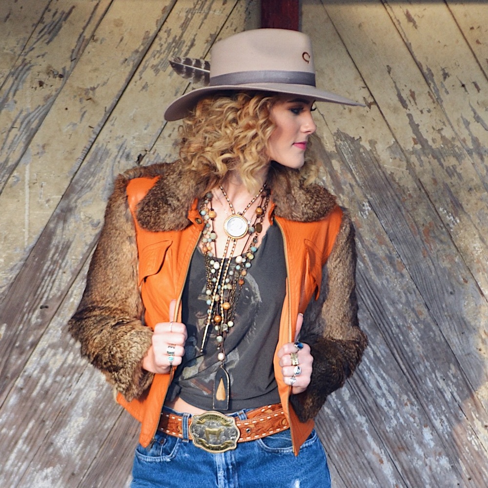 VINTAGE orange leather & fur jacket!